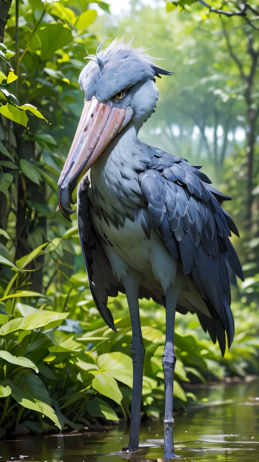 RAW Photos、Highest quality、ultra High resolution、High resolution、masterpiece:1.3、shoebill stork、Sharp Eyes、Aiming for prey、Dense forest、Swamp、