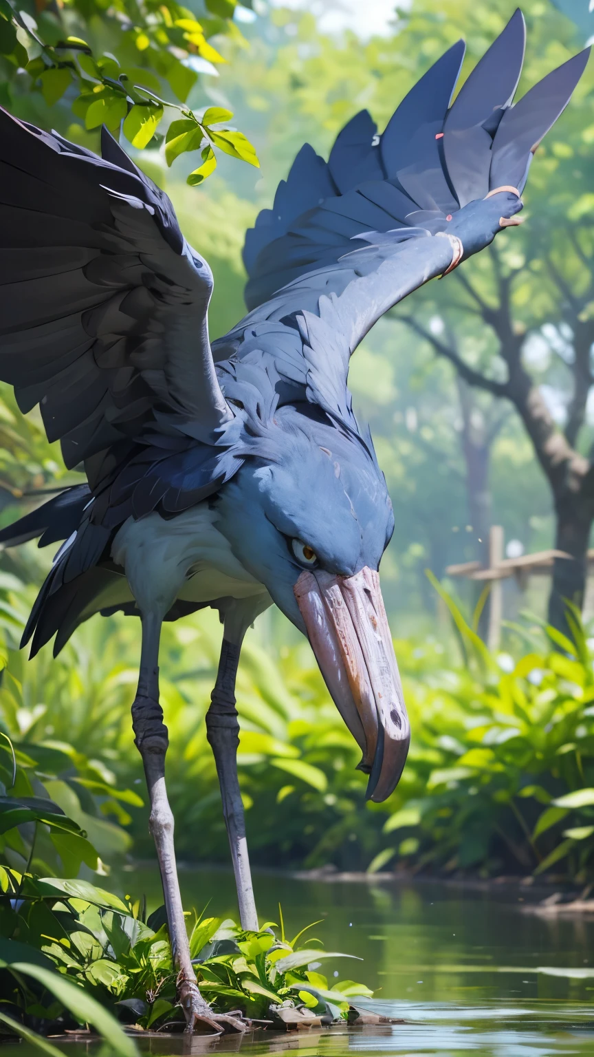 RAW Photos、Highest quality、ultra High resolution、High resolution、masterpiece:1.3、shoebill stork、Sharp Eyes、Aiming for prey、Dense forest、Swamp、