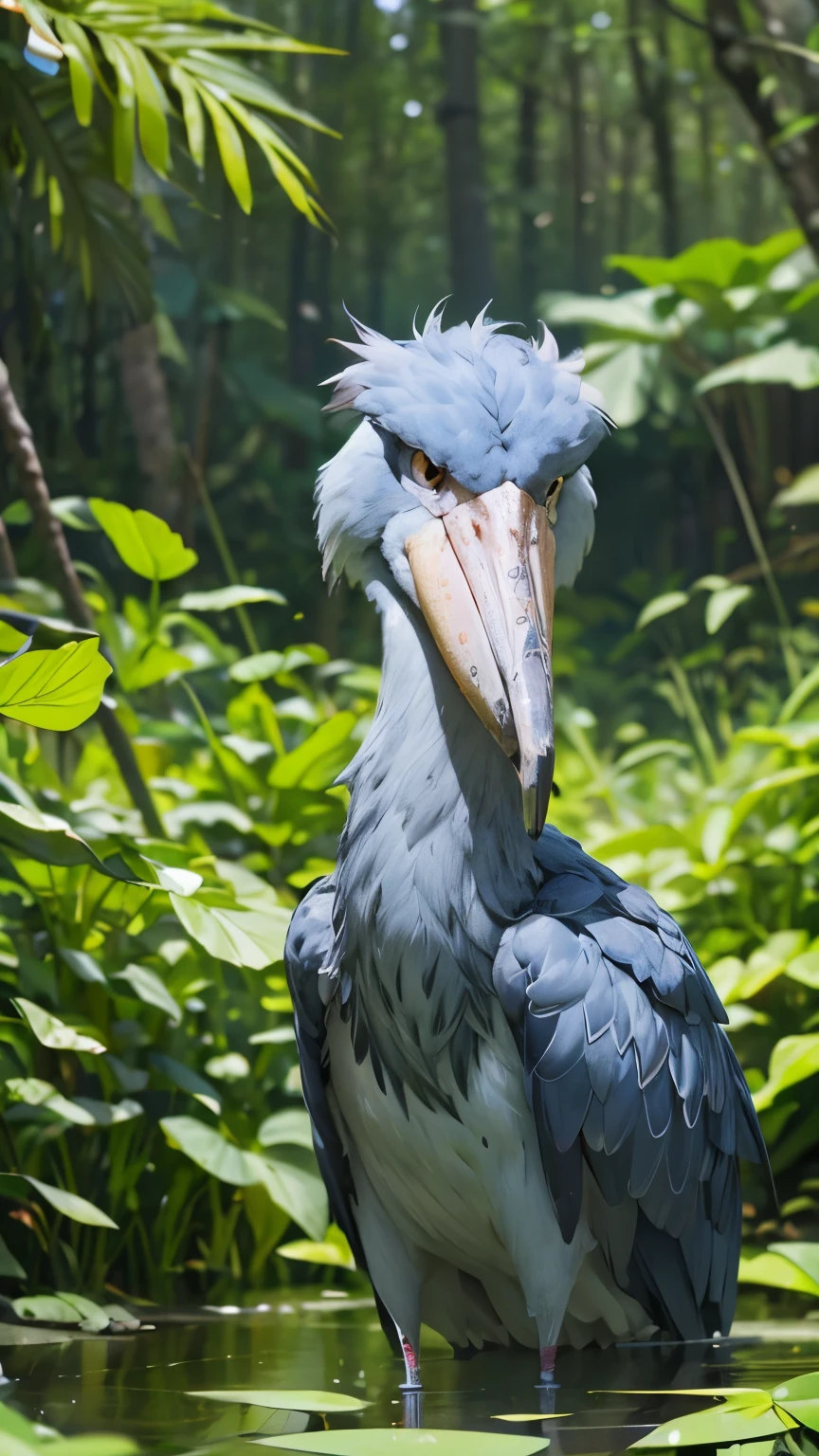 RAW Photos、Highest quality、ultra High resolution、High resolution、masterpiece:1.3、shoebill stork、Sharp Eyes、Aiming for prey、Dense forest、Swamp、