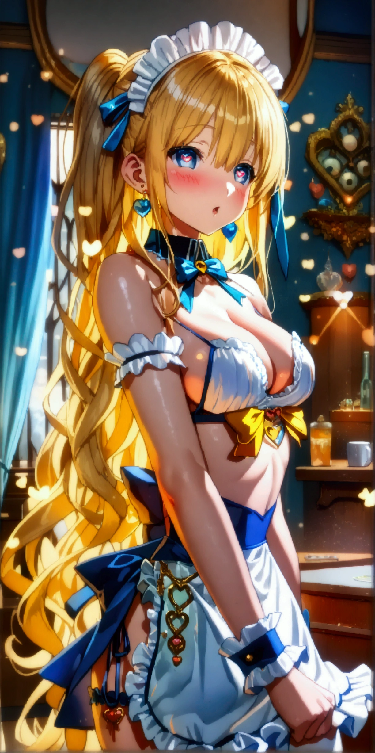 ((32k)), ((best quality)), ((ultra high res)), ((HDR)), ((UHD)), ((extremely detailed CG)), ((unity 32k wallpaper)), (((cute anime style))), (((16 years old))), (ideal ratio body proportions), very long hair, (blush), (((heart shaped eyes))), (((heart shaped pupils))), bangs, thighhighs, bow, jewelry, (((medium breasts))), (((cleavage))), (((curvy))), (((mini maid uniform))), (((mini skirt))), (((golden hair))), (blue eyes), short sleeves, earrings, frills, white thighhighs, bowtie, cup, puffy short sleeves, wrist cuffs, thigh strap, detached collar, side-tie bikini bottom, thigh gap, table, single thighhigh, (((bedroom))), (((standing))), (((upper body))), from front,