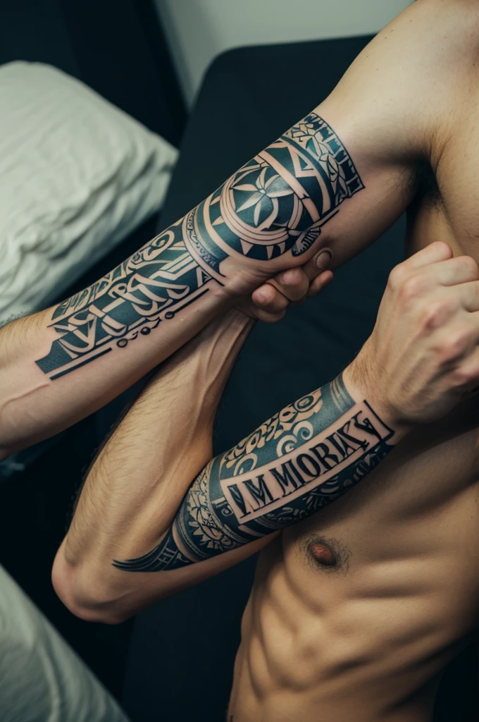 tattoo with the name Markus Mijaíl in old letters for forearm 
