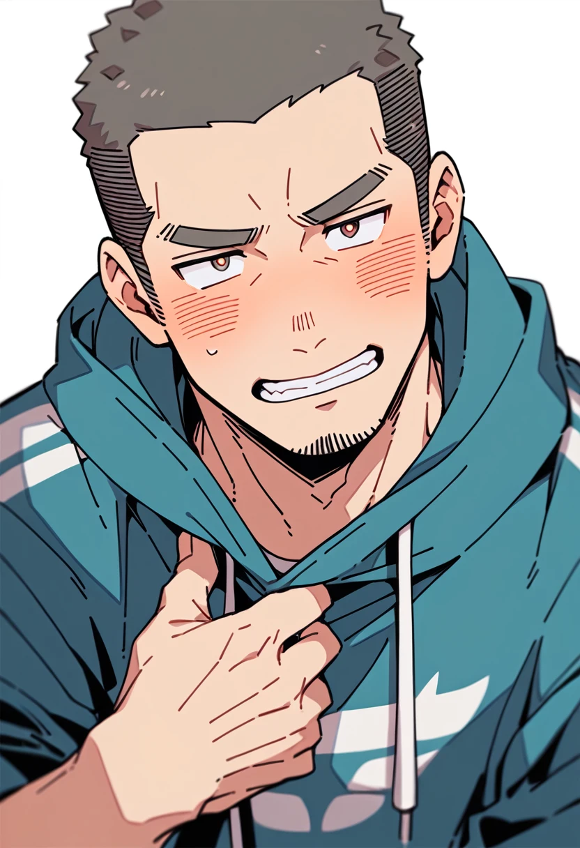 anime characters:Priapus, Muscle Sports Student, Buzz Cut, Manliness, male focus, Sports tight hooded sweatshirt, Very tight, full and perky chest muscles, muscular male, muscular, only, Upper body, alone, Black short hair, Thick eyebrows, stubble, Brown-red pupils, White background, simple background, amazing quality, best aesthetics, Ridiculous, crew cut, blush, Biting a pair of white panties, embarrassed, shy, endured face, negative space, best quality