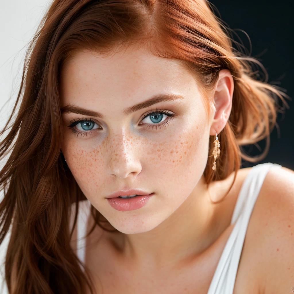 young girl, red-haired woman, blue eyes with light freckles on her cheeks, big tits, she is dressed in a sexy, elegant black dress, photo taken on a white background. Ultra-high resolution, (photorealistic: 1.4), high resolution, (brown eyes), (finely detailed skin), (perfectly proportioned) (photo realistic) (masterpiece) (photorealistic), ultrarealistic (Best Quality) (Detailed) photographed in a Canon EOS R5, 50mm Lens, F/2.8, (8K) (Wallpaper) (Natural lighting) (Convoluted) Fashion