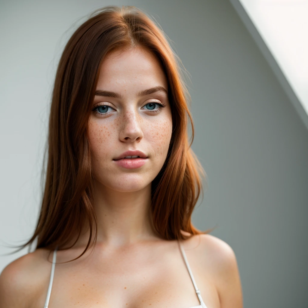 young girl, red-haired woman, blue eyes with light freckles on her cheeks, big tits, she is dressed in a sexy, elegant black dress, photo taken on a white background. Ultra-high resolution, (photorealistic: 1.4), high resolution, (brown eyes), (finely detailed skin), (perfectly proportioned) (photo realistic) (masterpiece) (photorealistic), ultrarealistic (Best Quality) (Detailed) photographed in a Canon EOS R5, 50mm Lens, F/2.8, (8K) (Wallpaper) (Natural lighting) (Convoluted) Fashion