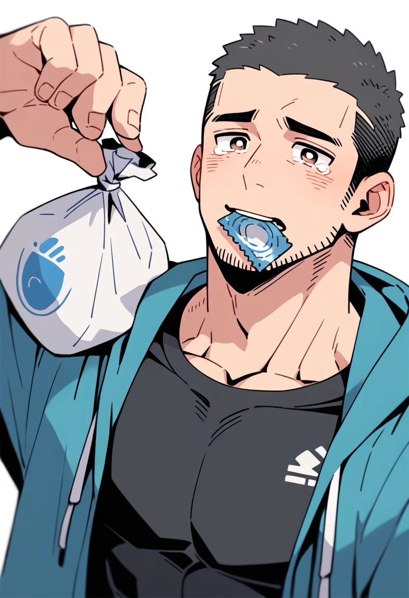anime characters:Priapus, Muscle Sports Student, Buzz Cut, Manliness, male focus, Sports tight hooded sweatshirt, Very tight, full and perky chest muscles, muscular male, muscular, only, Upper body, alone, Black short hair, Thick eyebrows, stubble, Brown-red pupils, White background, simple background, amazing quality, best aesthetics, Ridiculous, crew cut, sad, crying, sobbing, blush, mouth hold, Bite the condom packaging bag, negative space, best quality