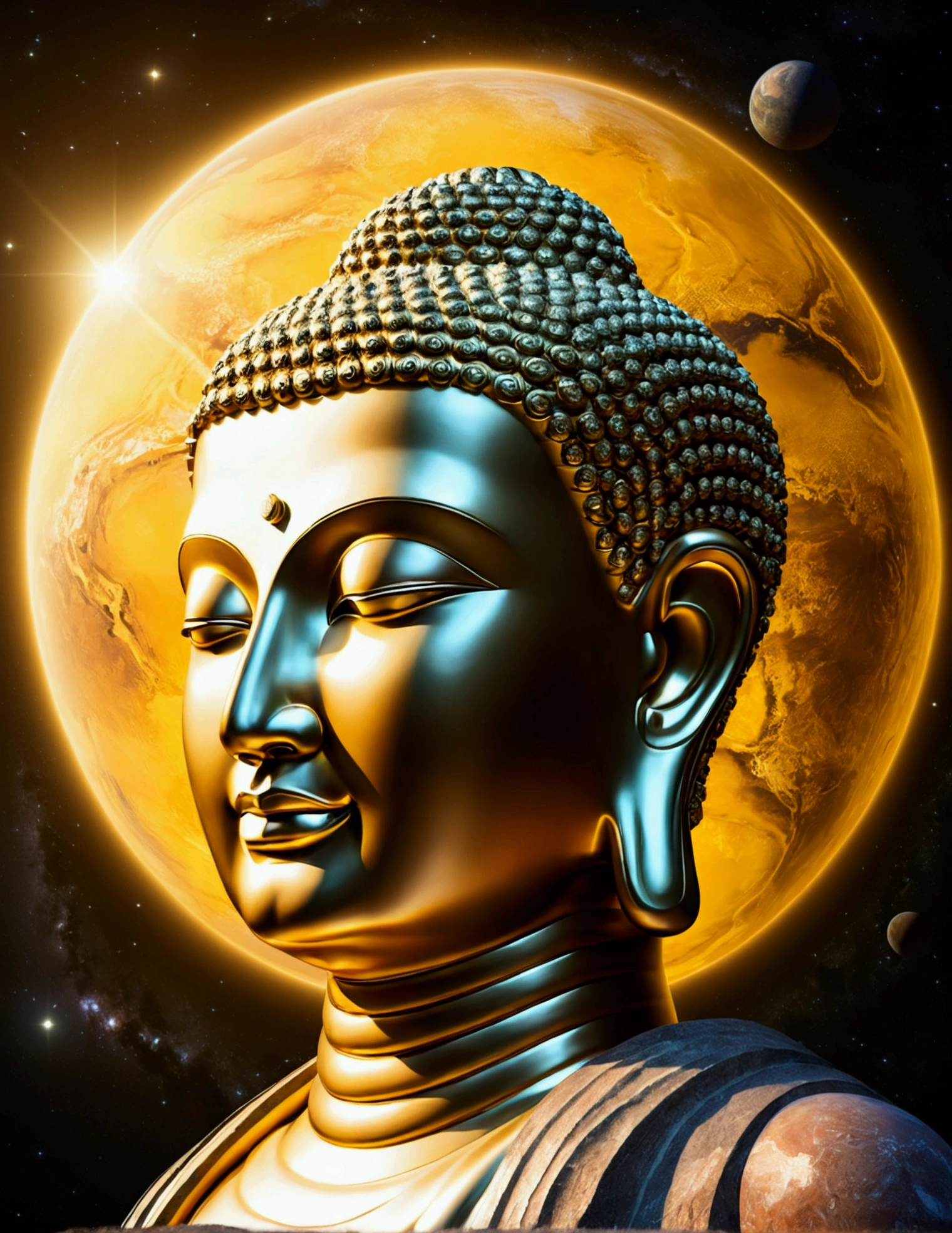 The giant transparent Buddha head looks at an earthy yellow planet in the universe,Glow effects,oc rendered