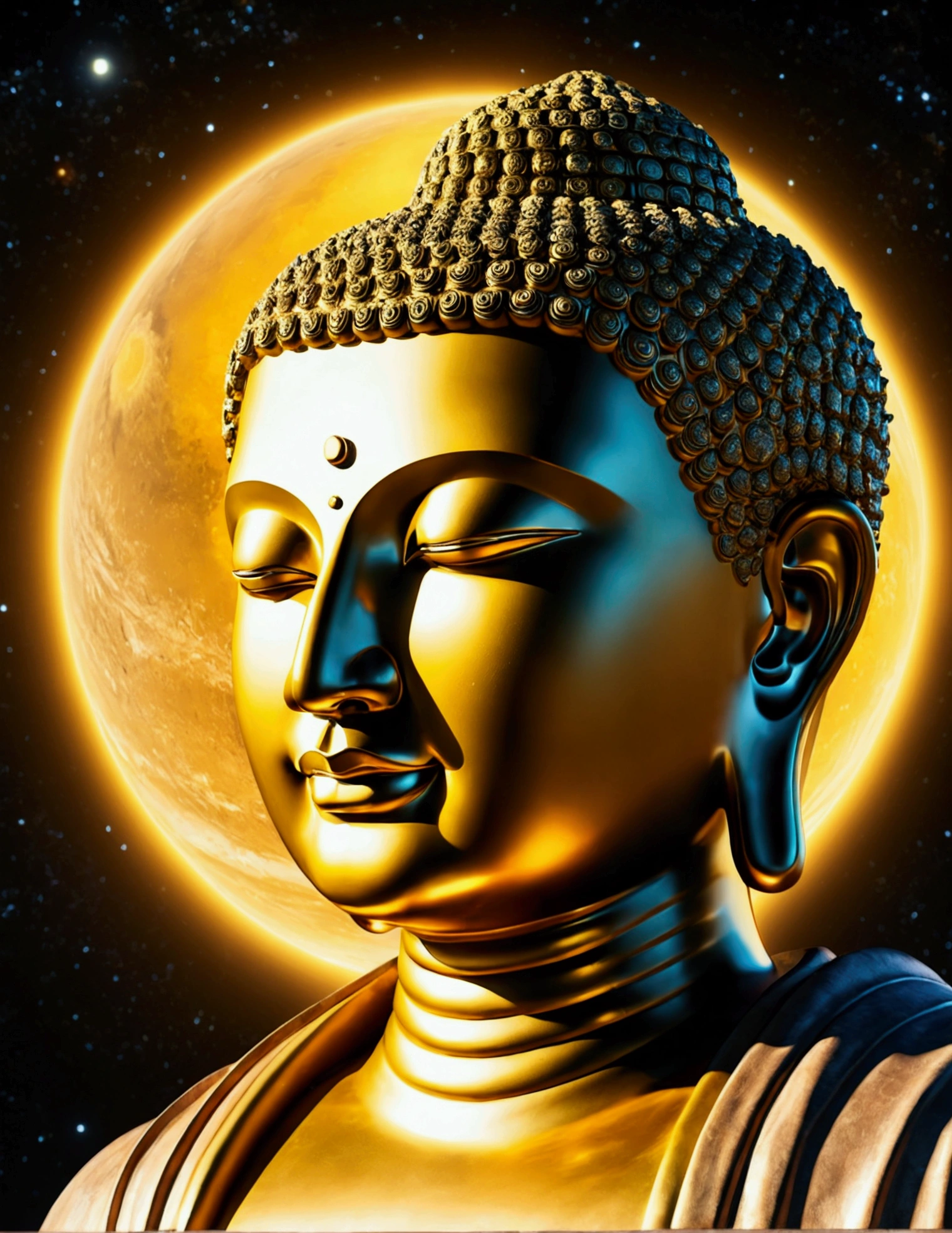 The giant transparent Buddha head looks at an earthy yellow planet in the universe,Glow effects,oc rendered