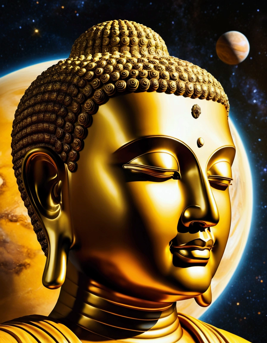 The giant transparent Buddha head looks at an earthy yellow planet in the universe，Glow effects，oc rendered