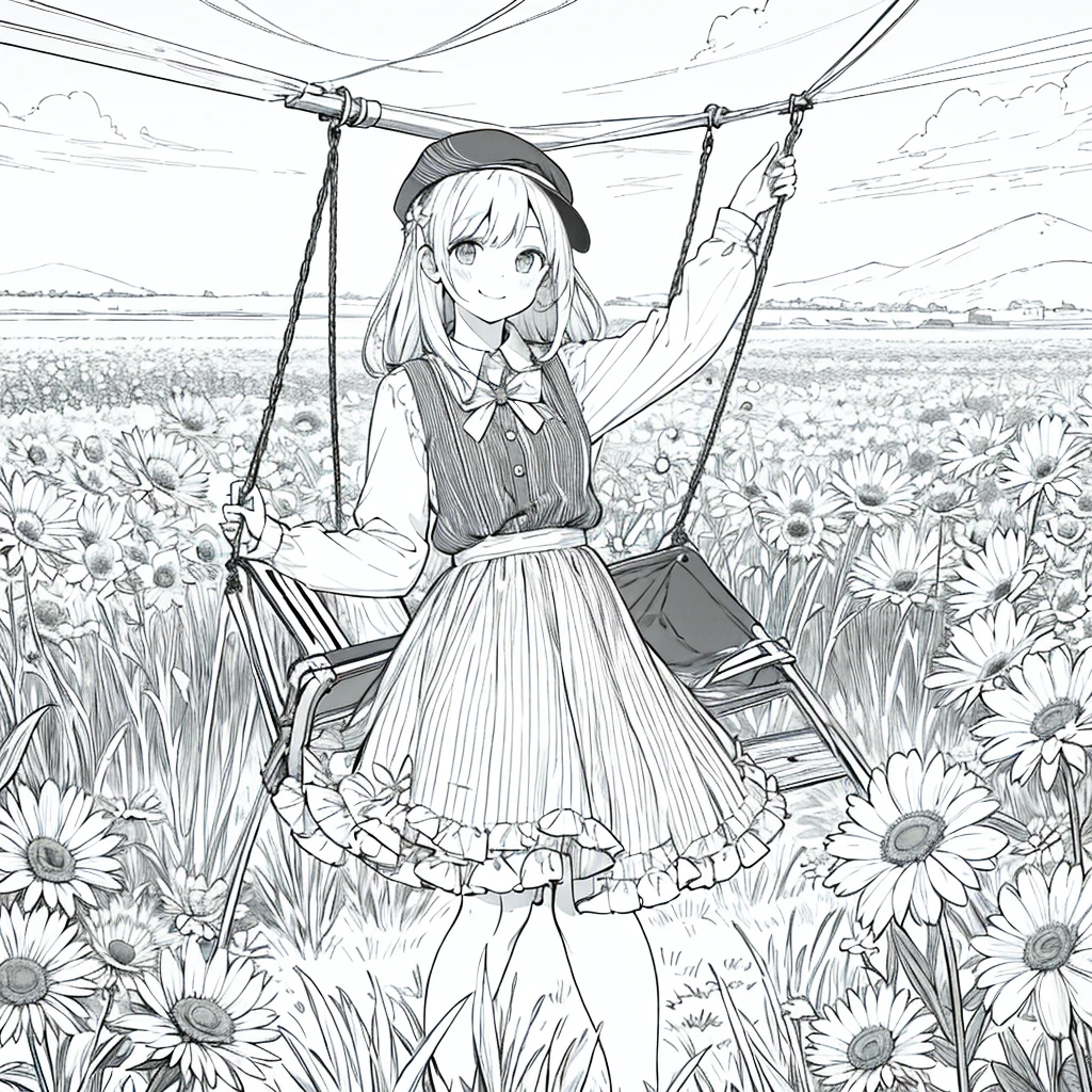 Raw work, Better Quality, One girl swinging on a swing, alone, Long Hair, View the viewer, With a smile, stripe, skirt, shirt, Long sleeve, hat, wear, bow, Participation, Shut your mouth, flower, Frills, flower do cabelo, flowerびら, flower束, 固定flower, Central steering wheel, Food, flower固定ブーケ, Field, flower, Field, Line art, Monochrome,