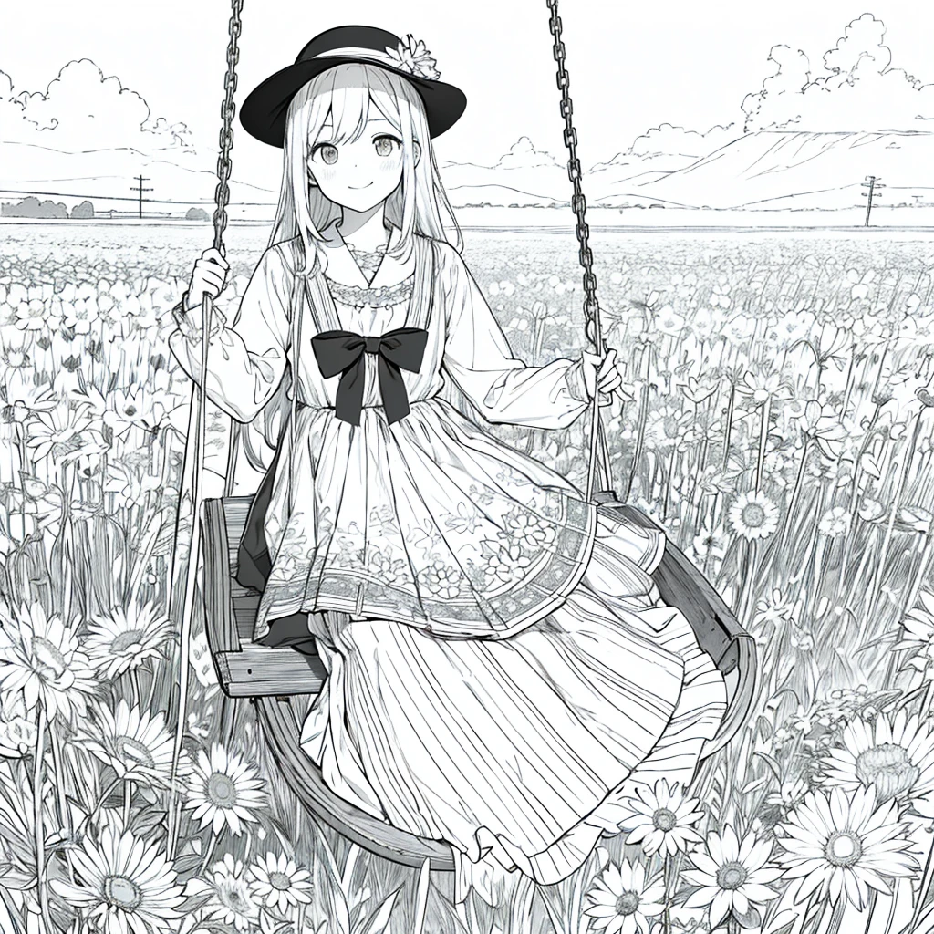 Raw work, Better Quality, One girl swinging on a swing, alone, Long Hair, View the viewer, With a smile, stripe, skirt, shirt, Long sleeve, hat, wear, bow, Participation, Shut your mouth, flower, Frills, flower do cabelo, flowerびら, flower束, 固定flower, Central steering wheel, Food, flower固定ブーケ, Field, flower, Field, Line art, Monochrome,