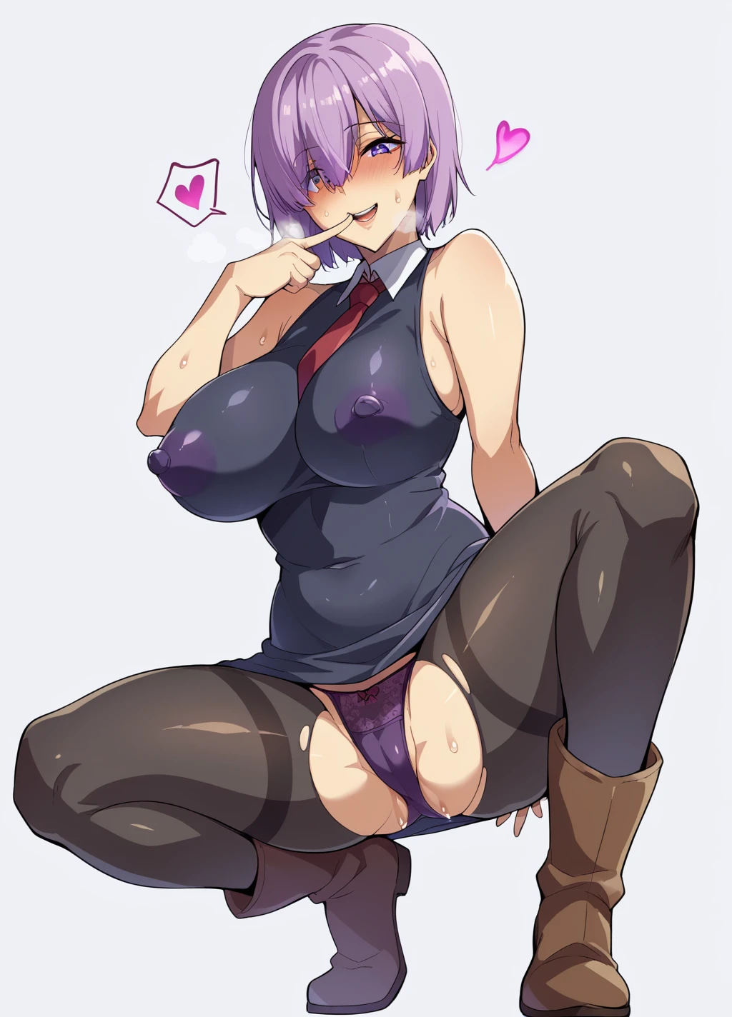 turn around、back、Ultra-detailed illustrations、Ultra-precise expression、masterpiece、Highest quality、ultra High resolution、High resolution、Hiromitsu Takeda Style、White background、Simple Background、One girl、solo、Mash Kyrielight、light purple hair,short hair,hair over one eyes、Black sleeveless dress, White collar、Red tie、Black Pantyhose、Purple panties、Brown boots、Purple eyes、Vulgar expression、smile、Open your mouth、blush、Large Breasts、Big Breasts、Erect nipples、Choker of Hearts、White Breath、Sweat、Glowing Skin、shiny skin、Angle behind、View your viewers、Place the index finger of one hand over your mouth、