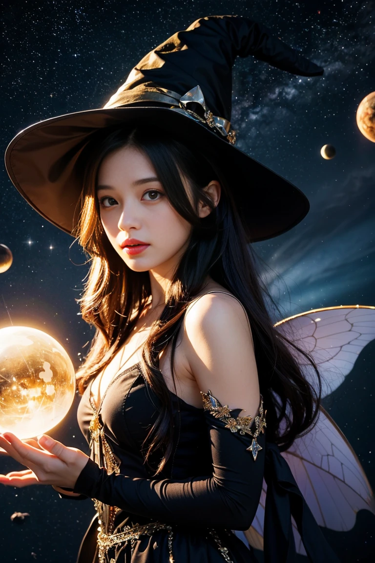 Highest quality, High resolution, One girl, Fairy, Witch Hat, Floating in space, Energy sphere, Particles of light, Shiny Hair, Shining Star, Fantasy,