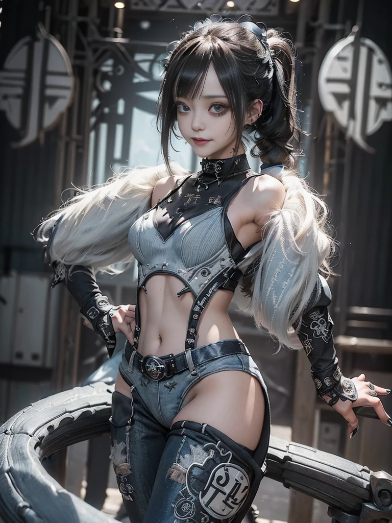(Full body view:1.4)、(Side view:1.1)、(Smiling with teeth showing:1.3),(Shibuya Gal:1.5)、(Gothic Lolita style fashion:1.5)、(Punk RockVisual Kei:1.5)、(Wearing a rhythmic gymnastics bodysuit with intricate details:1.4)、(Racing suit and pants with intricate decorations in white, denim and charcoal:1.5)、(Denim and light blue and white boots:1.3)、((belt))、(Numerous delicate logo marks all over the costume:1.4)、(collar:1.3)、(Striped underwear:1.5)、20-year-old、NSFW、((Highest quality、In 8K、masterpiece:1.3))、Sharp focus:1.2、(Layered Cut、Huge boobs:1.1),Beautiful woman with perfect figure:1.4、(Dancing vigorously:1.3)、Slender Abs:1.2、Highly detailed face and skin texture、Detailed eyes、double eyelid,(Twin tails:1.3)、(Brown Hair:1.3)、Gravure idol、(The background is the stage of the fashion show:1.3)、(Slim body:1.3),(Make your legs thinner:1.4),（clavicle:1.1）、(Thin and slim thighs:1.3)