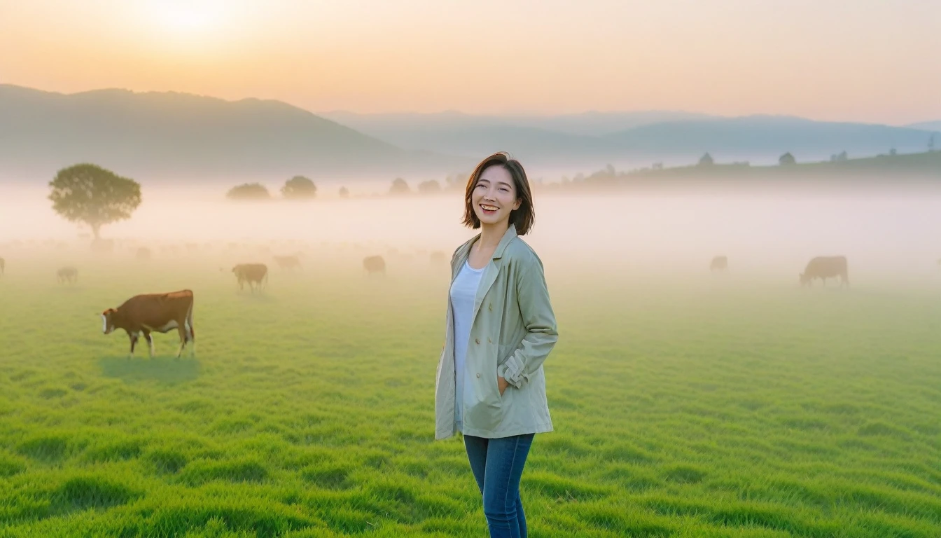 beautiful scenery, 8K Top Quality, Vivid picture quality, 1 woman, Beautiful 36-year-old Korean woman, Chest size 34 inches, Model-level beautiful woman, Smile. Napa Valley, California, USA, dawn, An endless green meadow in the distant fog, Cows graze on a pasture in thick fog. Red sunshine, The background is realistic and vivid quality.., short medium bob hair, White t-shirt that goes up to the neck , light trench coat, casual pants, Perfect and realistic photos, The background is realistic.. Full body shot with Canon camera 16-35 wide angle lens