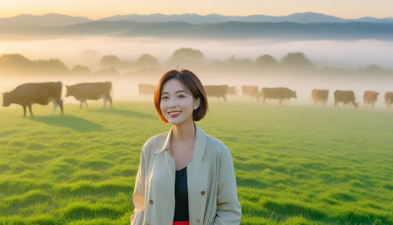 beautiful scenery, 8K Top Quality, Vivid picture quality, 1 woman, Beautiful 36-year-old Korean woman, Chest size 34 inches, Model-level beautiful woman, Smile. Napa Valley, California, USA, dawn, An endless green meadow in the distant fog, Cows graze on a pasture in thick fog. Red sunshine, The background is realistic and vivid quality.., short medium bob hair, White t-shirt that goes up to the neck , light trench coat, casual pants, Perfect and realistic photos, The background is realistic.. Full body shot with Canon camera 16-35 wide angle lens