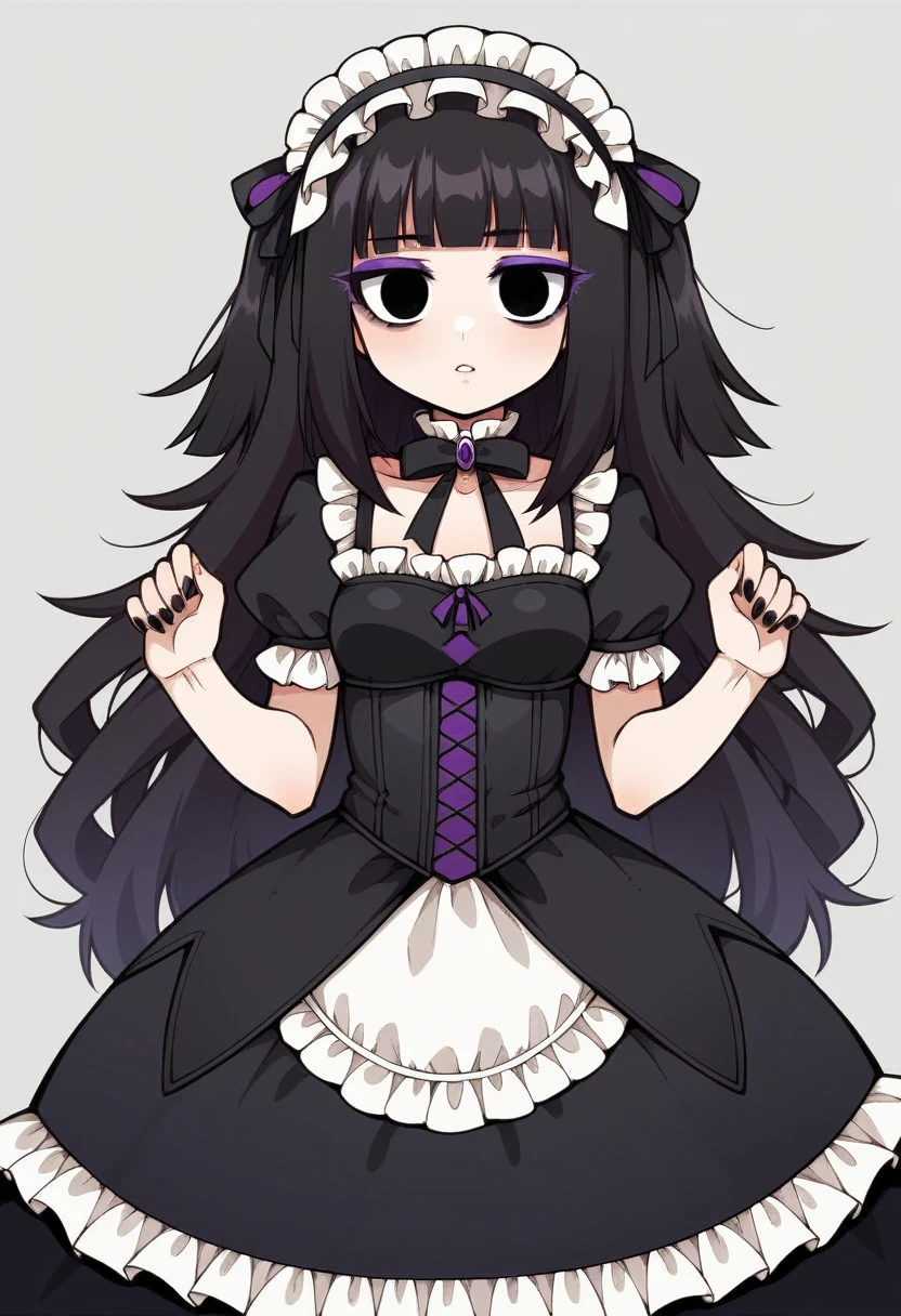 score_9, score_8_up, score_7_up, source_anime, BREAK, (((vigme)))), 1girls, solo, downturned eyes, black eyes, black hair, long hair, purple eyeshadow, gothic lolita fashion, gothic lolita outfit, headdress, small breasts, thin, tall