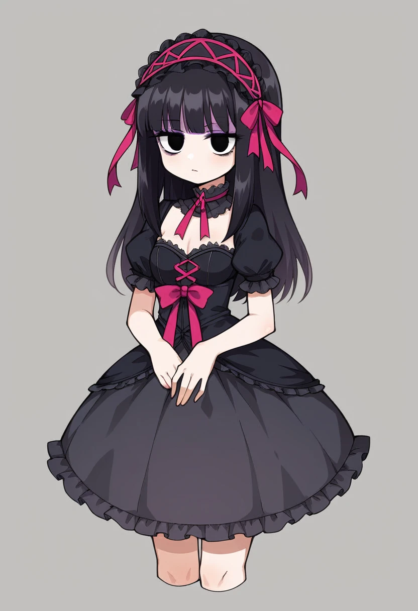 score_9, score_8_up, score_7_up, source_anime, BREAK, (((vigme)))), 1girls, solo, downturned eyes, black eyes, black hair, long hair, purple eyeshadow, gothic ta fashion, gothic loliutfit, headdress, small breasts, thin, tall