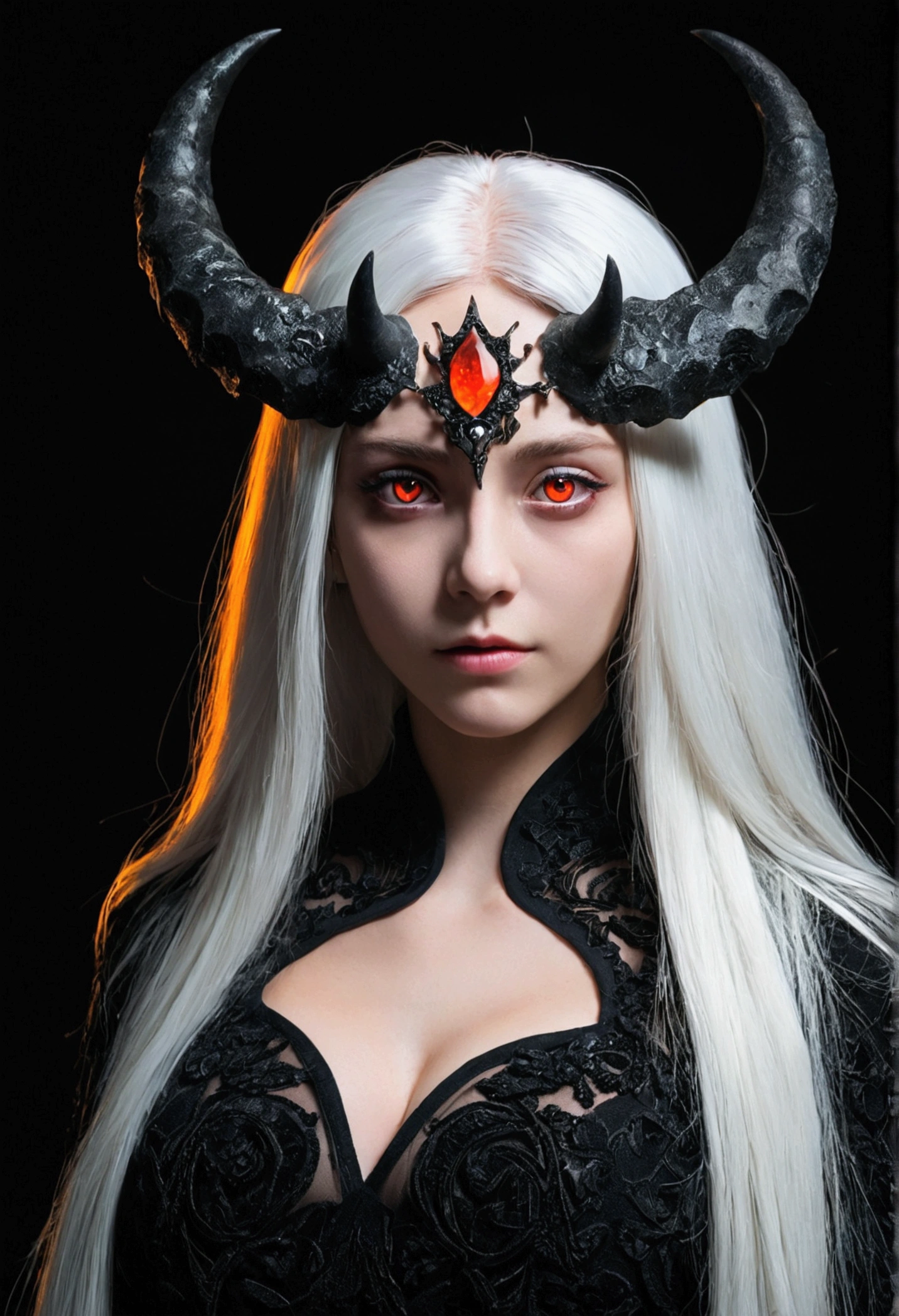 masterpiece, best quality, ultra-detailed, absurdres, colorful, 1girl, solo, (solid red eyes:1.0), (white hair, long hair, straight hair, hair over one eye:1.0), detailed eyes, wide-eyed, eyelashes, (upper body:0.8), monster girl, side view, glowing eyes, tilted head, night, black suit, pointy ears, horror, dark, black background, looking at viewer, crown, high contrast, backlighting, (standing:0.8), aura, fractal background, chaotic, spiral, demon horns, energy, mosaic, inferno