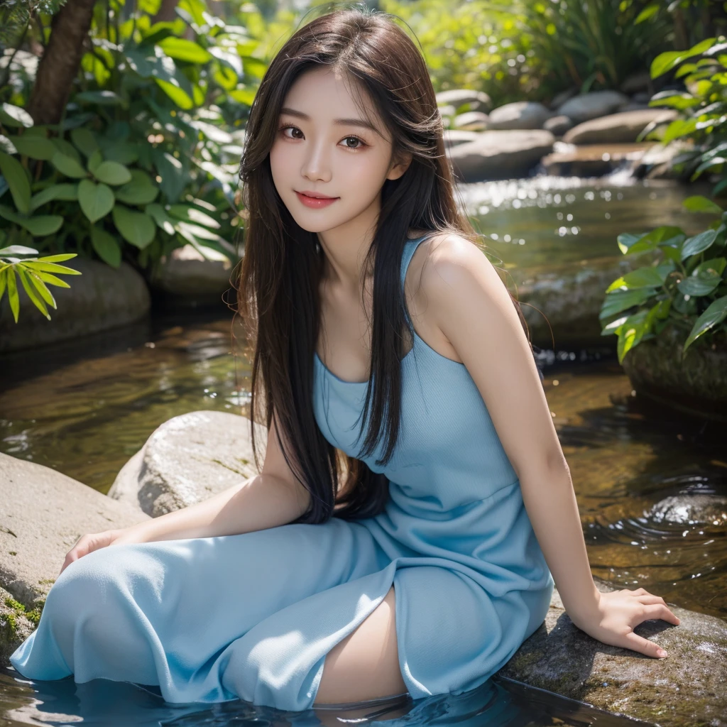 
best quality soft light, ultra high RAW photo, 1 korean girl, solo,detailed beautiful face, (big chest),(high resolution detail of human skin texture), (long hair),outdoor near water funtant blue long Dress, (portrait)beautiful big eyes ,small lip,slim body, smiling 