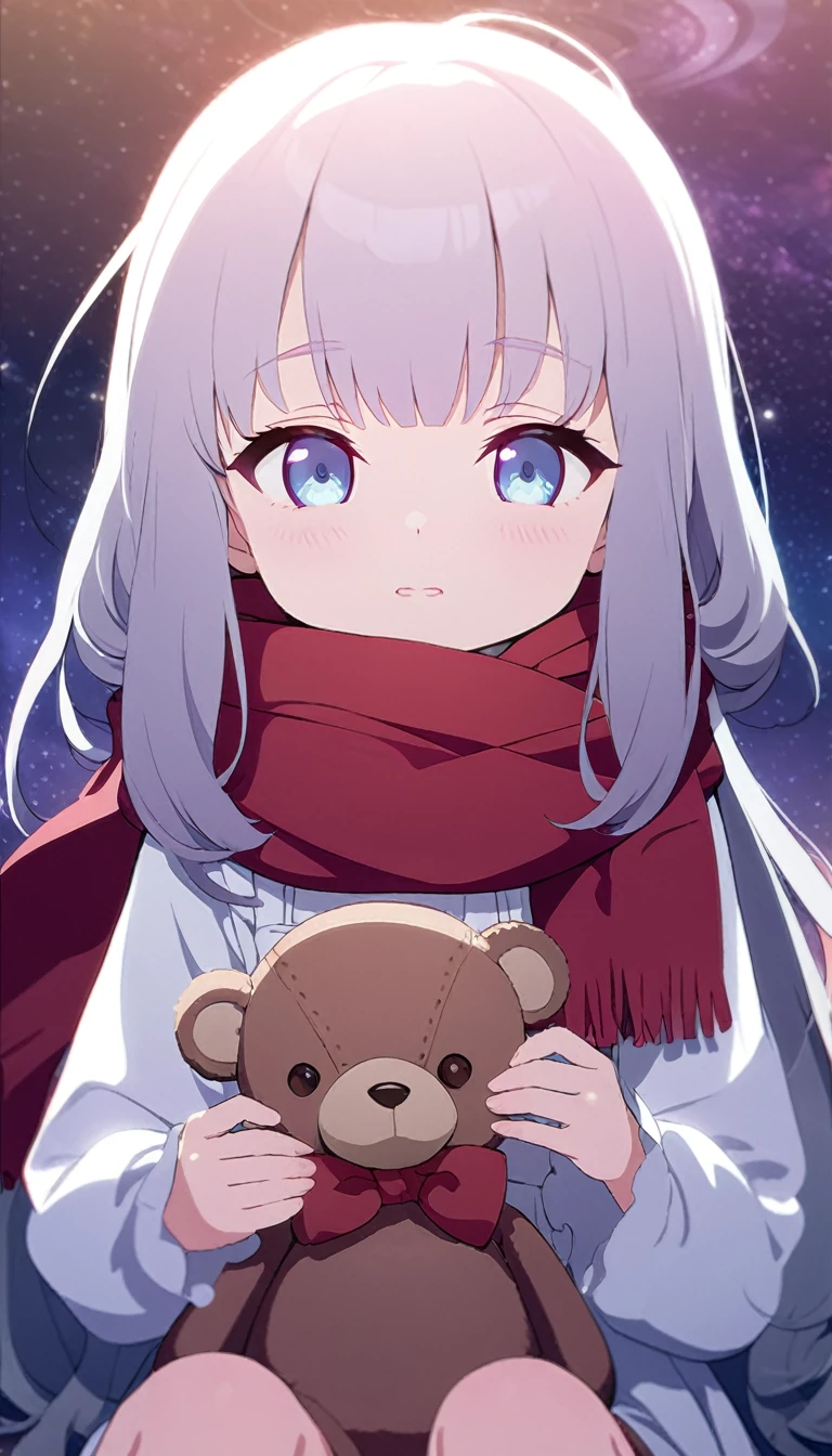 (((masterpiece))), (((best quality))),(((high detail))),light manipulation, girl with long silver hair, gradient purple to sky blue eyes, wearing a white dress, a red scarf, galaxy background, holding a teddy bear, feet, no footwear, (((loli))), (((child)))