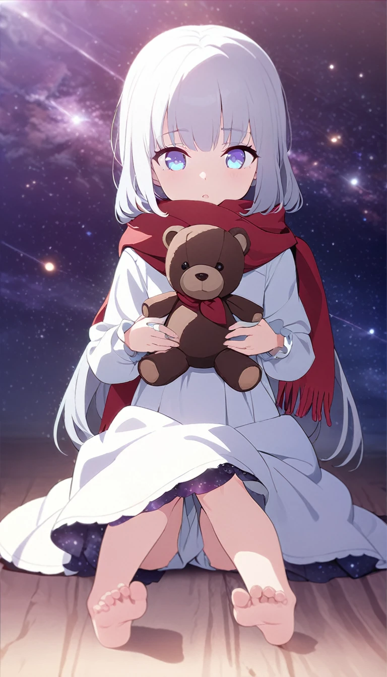 (((masterpiece))), (((best quality))),(((high detail))),light manipulation, girl with long silver hair, gradient purple to sky blue eyes, wearing a white dress, a red scarf, galaxy background, holding a teddy bear, feet, no footwear, (((loli))), (((child))) 