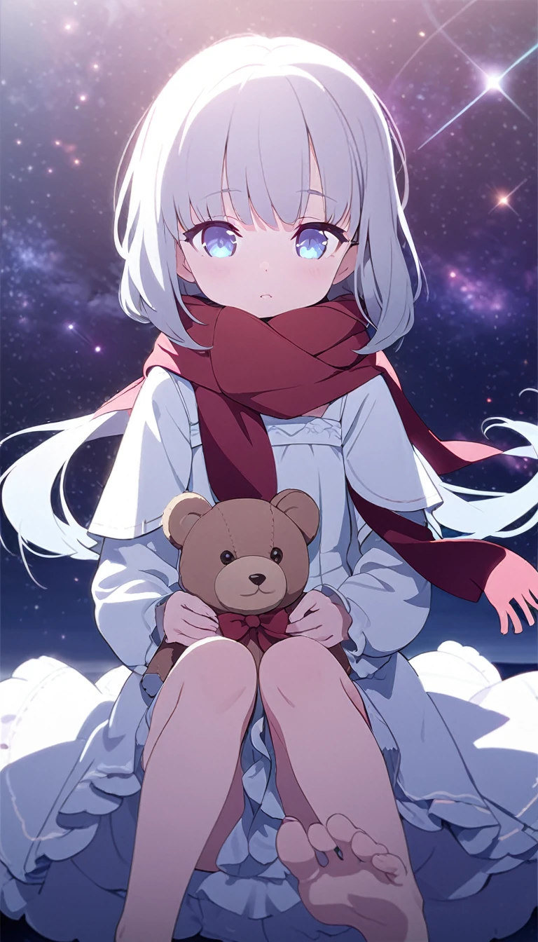 (((masterpiece))), (((best quality))),(((high detail))),light manipulation, girl with long silver hair, gradient purple to sky blue eyes, wearing a white dress, a red scarf, galaxy background, holding a teddy bear, feet, no footwear, (((loli))), (((child)))