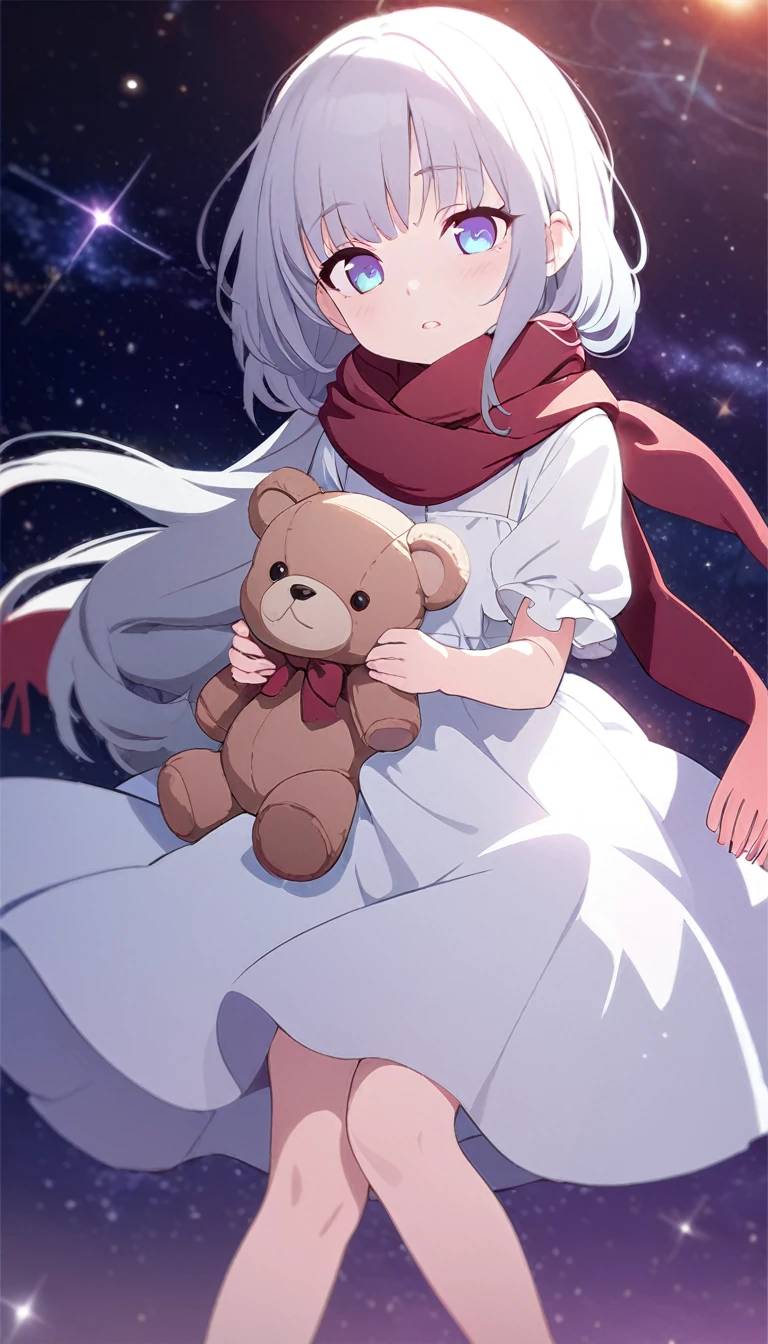 (((masterpiece))), (((best quality))),(((high detail))),light manipulation, girl with long silver hair, gradient purple to sky blue eyes, wearing a white dress, a red scarf, galaxy background, holding a teddy bear, feet, no footwear, (((loli))), (((child)))