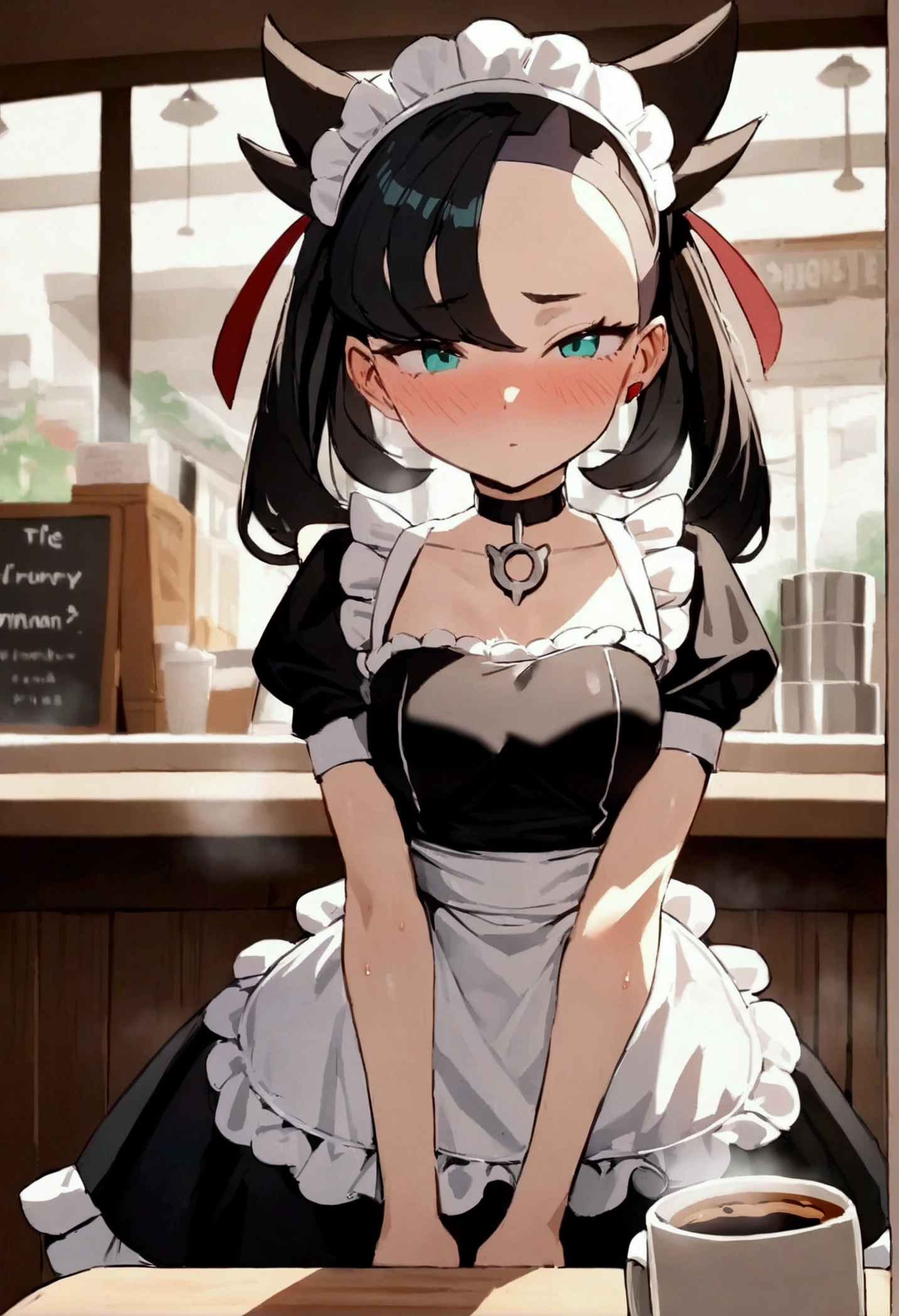 NSFW,masterpiece,Highest quality,High resolution,Super detailed,marnie_\(pokemon\),Aqua Eye, Black Choker, Red ribbon,Classic maid outfit,Headdress,Small breasts,Be nervous,blush,Coffee shop