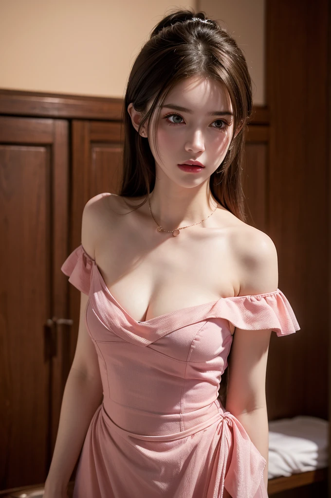 Best Quality, Masterpiece, Ultra High Resolution, (Realisticity: 1.4), Original Photo, 1girl, Pink Off-the-Shoulder, Cinematic Lighting