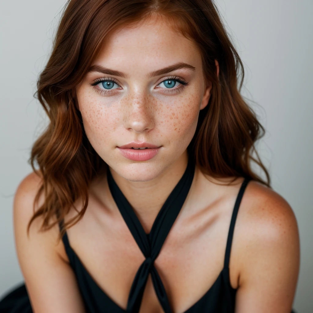 young girl, red-haired woman, blue eyes with light freckles on her cheeks, big tits, she is dressed in a sexy, elegant black dress, photo taken on a white background. Ultra-high resolution, (photorealistic: 1.4), high resolution, (brown eyes), (finely detailed skin), (perfectly proportioned) (photo realistic) (masterpiece) (photorealistic), ultrarealistic (Best Quality) (Detailed) photographed in a Canon EOS R5, 50mm Lens, F/2.8, (8K) (Wallpaper) (Natural lighting) (Convoluted) Fashion