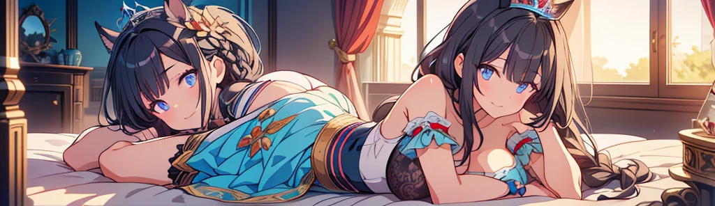 Best Quality,extremely detailed,animated style,1 girl,waist length hair,Straight hair,Dark black hair with blue highlights.,Braid on top of head.,Horse tail,Beautiful detailed eyes,squinted eyes,dark blue eyes,huge breasts,SMILE,garter belt,Idol princess dress,Fluttering and mysterious clothes,hair ornament,((((Princess Room)))), lying down, ((Fashion))