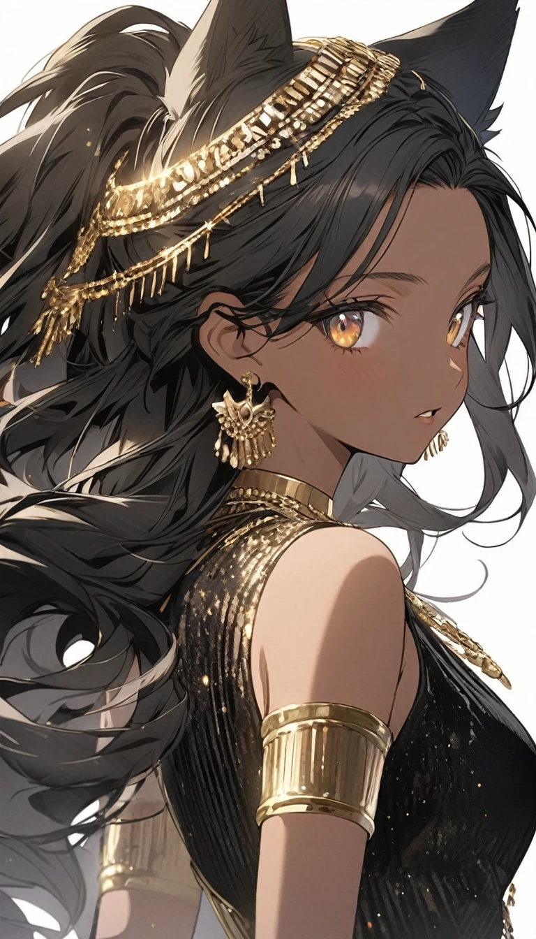 anime girls that look like girls with long hair and gold and black outfits, 1girl, solo, jewelry, animal ears, dark skin, long hair, dark-skinned female, black hair, earrings, white background, looking at viewer, upper body, cat ears, parted lips, armlet, simple background, necklace, sleeveless