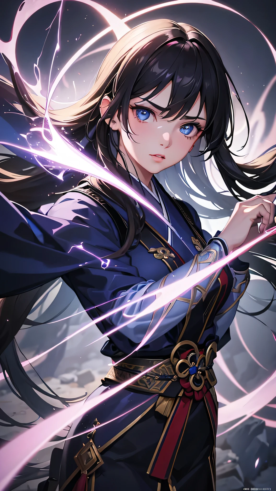 a beautiful young woman, 18 years old, long dark hair, striking bright blue eyes, serious expression, wearing traditional japanese clothing, manipulating purple lightning bolts, summoning thunderstorms, wielding powerful magic, dramatic lighting, dark atmosphere, (best quality,4k,8k,highres,masterpiece:1.2),ultra-detailed,(realistic,photorealistic,photo-realistic:1.37),HDR,UHD,studio lighting,ultra-fine painting,sharp focus,physically-based rendering,extreme detail description,professional,vivid colors,bokeh,dark fantasy,concept art