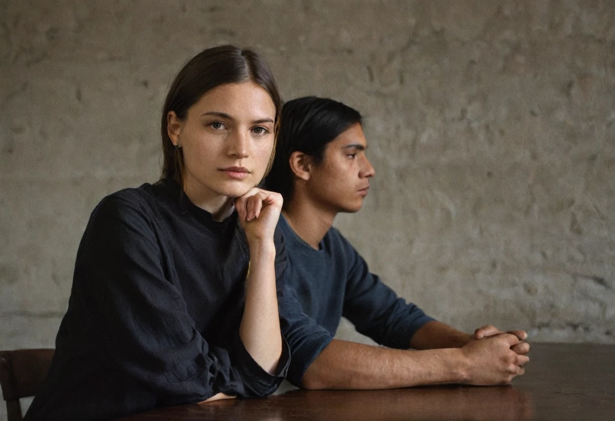 Side view photo of two individuals sitting at the table closely side-by-side. They are both looking at the camera. The young woman on the left appears to have long, straight hair draped over her shoulders, while the young man on the right has short hair. They are indoors, possibly in a room with low ambient lighting that casts soft shadows and creates a moody atmosphere. Both individuals are wearing dark-colored clothing. The woman is resting her chin on her folded arms and her elbows resting on what seems to be a table surface. The man's elbows are resting on the table surface too, but his right arm is supporting his head. The camera angle is at eye level capturing them in a medium shot that includes their upper bodies and some background details which are indistinct due to the lighting conditions.