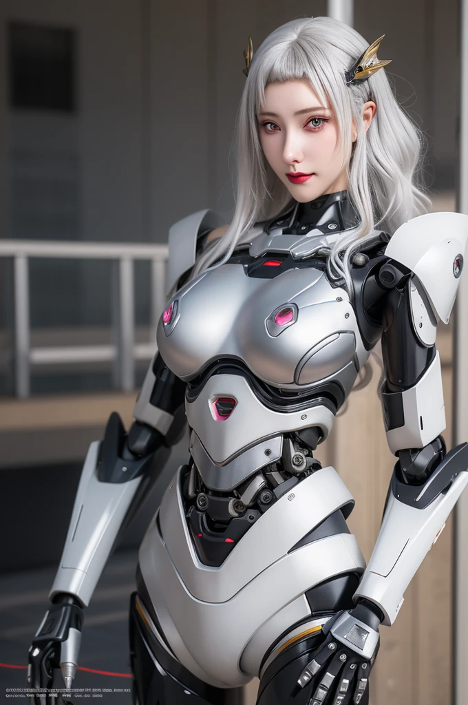 Super Detail, High Detail, high quality, best quality, High resolution，1 female robot，Beautiful female robot,beautiful clear face(Rain waves_haneame：1.5)， Realistic, High resolution, Soft Light,Hips up, (Detailed face), silver hair, long hair, Mecha Maiden, Colorful mechanical parts, mechanical joint, Thick mechanical armor,Weaponry, All metal body, Technology Antenna Hair Accessories