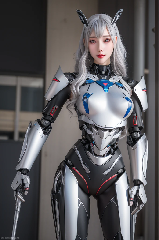 Super Detail, High Detail, high quality, best quality, High resolution，1 female robot，Beautiful female robot,beautiful clear face(Rain waves_haneame：1.5)， Realistic, High resolution, Soft Light,Hips up, (Detailed face), silver hair, long hair, Mecha Maiden, Colorful mechanical parts, mechanical joint, Thick mechanical armor,Weaponry, All metal body, Technology Antenna Hair Accessories