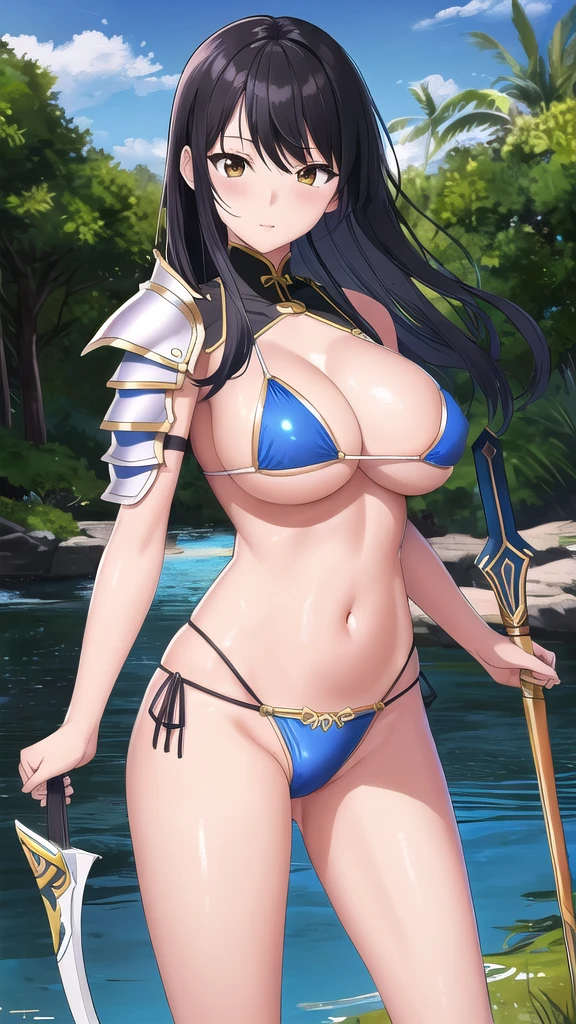 Art inspired by Masamune Shirow,  Armor Girl, Bikini Armor, Bikini Armor, Bikini Armor female knight, Bikini Armor, tits, Knight Girl, tits、Sexy pose,topless, White thighs,Vertical belly button、Skin radiance,Black hair,Swamp