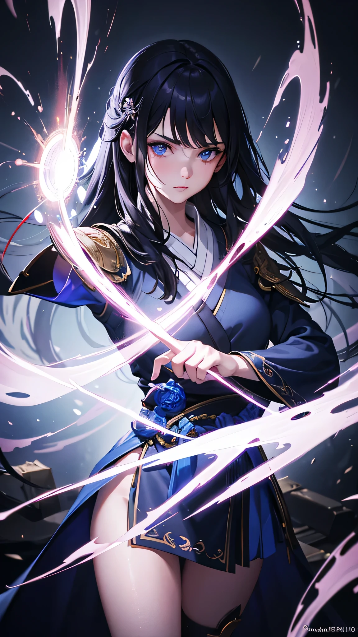 a beautiful young woman, 18 years old, long dark hair, striking bright blue eyes, serious expression, wearing traditional japanese clothing, manipulating purple lightning bolts, summoning thunderstorms, wielding powerful magic, dramatic lighting, dark atmosphere, (best quality,4k,8k,highres,masterpiece:1.2),ultra-detailed,(realistic,photorealistic,photo-realistic:1.37),HDR,UHD,studio lighting,ultra-fine painting,sharp focus,physically-based rendering,extreme detail description,professional,vivid colors,bokeh,dark fantasy,concept art