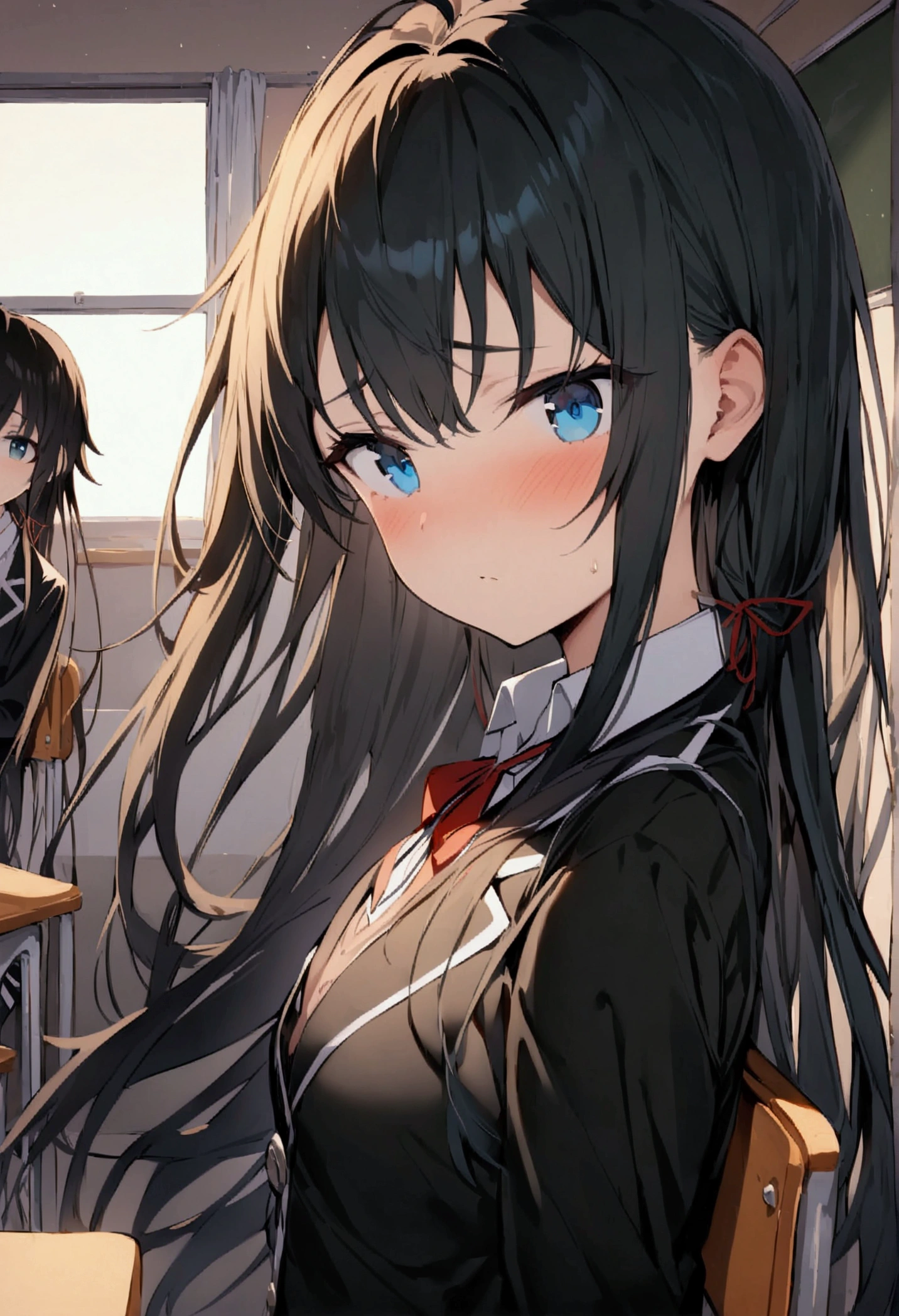 NSFW,masterpiece,Highest quality,High resolution,Super detailed,Yukinoshita Yukino\(My Youth Romantic Comedy is Wrong as Expected\),Black Hair,Long Hair,Light blue eyes,uniform,Small breasts,Dissatisfied face,School,classroom,machine,Chair,Chairに座っている,From the side
