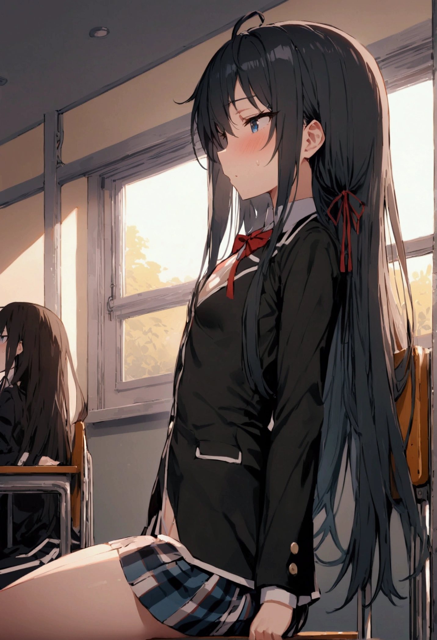 NSFW,masterpiece,Highest quality,High resolution,Super detailed,Yukinoshita Yukino\(My Youth Romantic Comedy is Wrong as Expected\),Black Hair,Long Hair,Light blue eyes,uniform,Small breasts,Dissatisfied face,School,classroom,machine,Chair,Chairに座っている,From the side