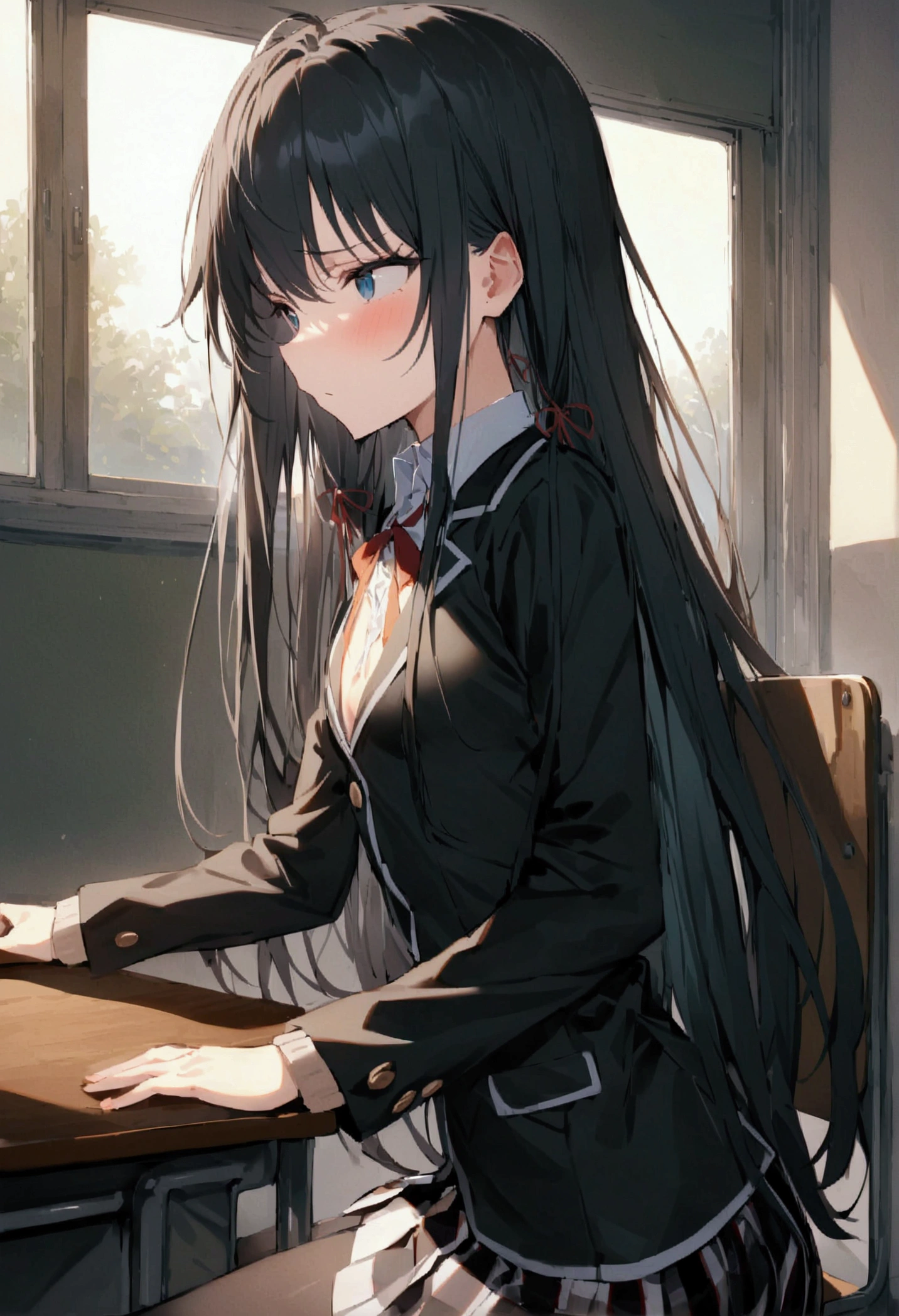 NSFW,masterpiece,Highest quality,High resolution,Super detailed,Yukinoshita Yukino\(My Youth Romantic Comedy is Wrong as Expected\),Black Hair,Long Hair,Light blue eyes,uniform,Small breasts,Dissatisfied face,School,classroom,machine,Chair,Chairに座っている,From the side