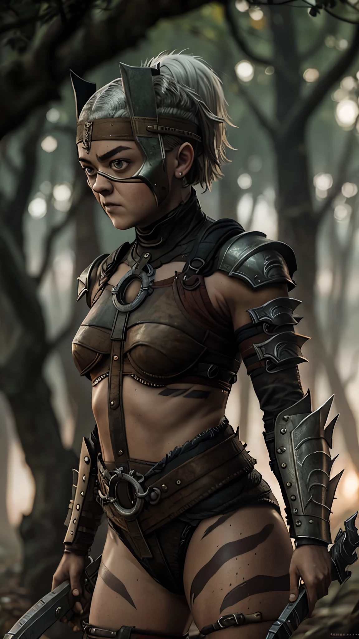 (Maisie Williams) as Ferra from Mortal Kombat, white hair, ponytail, brown eyes, armor, spikes, guantlets, armored boots, barefoot, metal headband, o-ring bikini, thigh tattoos, standing, forest, (insanely detailed, beautiful detailed face, masterpiece, best quality), cinematic lighting, 1woman, solo, full body view, front view, looking at viewer, intricate, high detail, sharp focus, dramatic, photorealistic painting art by greg rutkowski