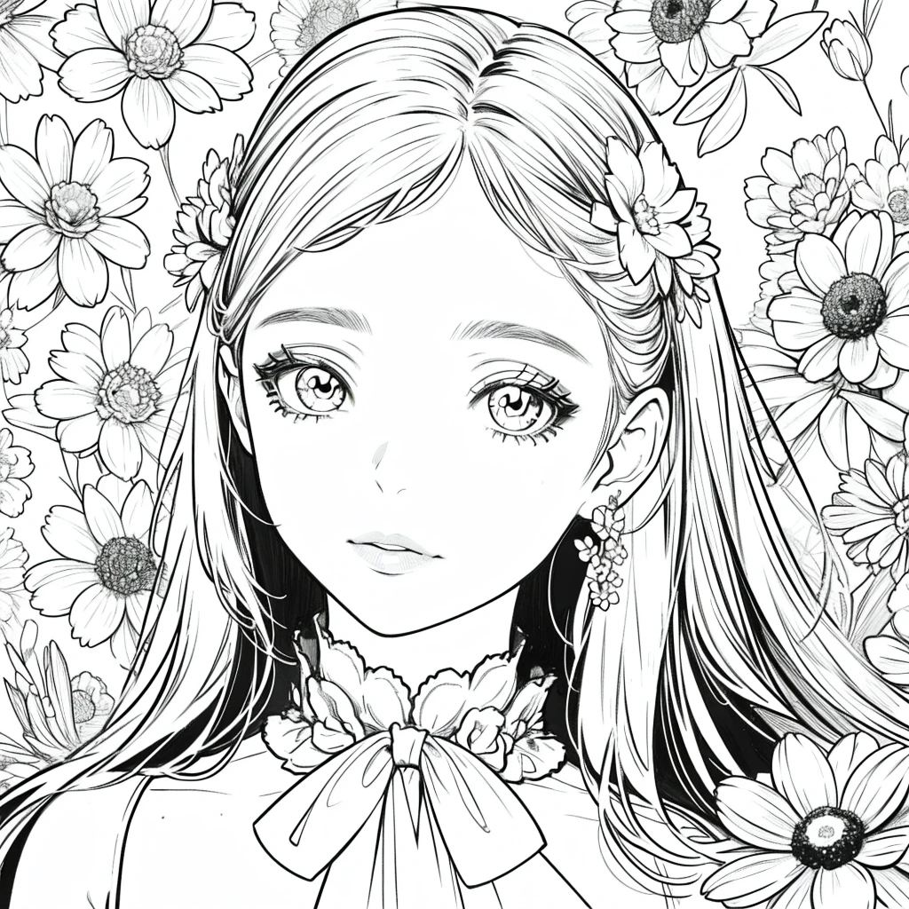 Highest quality, High resolution, Detailed Background, High Contrast, 1 Girl, Head close-up, Floral Background, Beautiful line drawing, Vibrant colors
