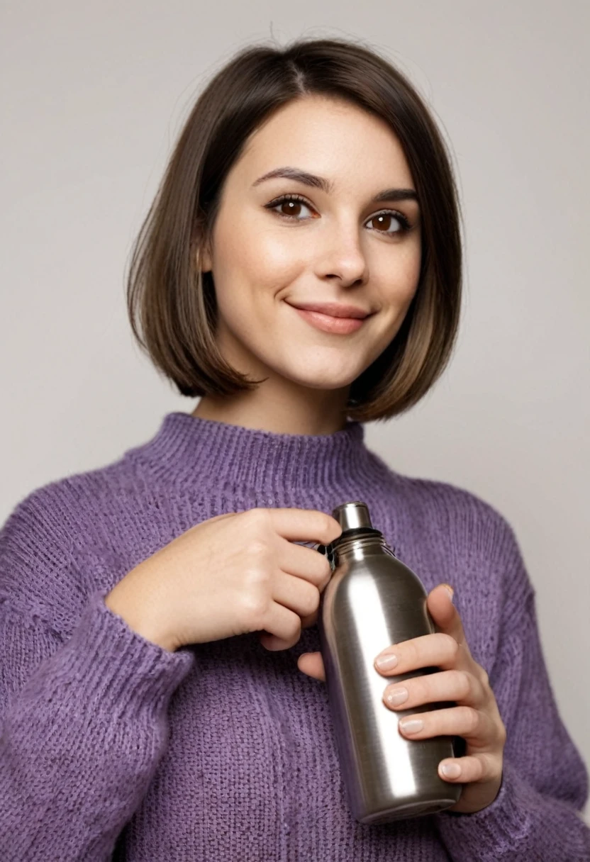 girl 30 years old,  medium build brunette,  high, Bob haircut, Hair straight. The face is oval, protruding cheekbones, narrow lips, big brown eyes , rounded chin, smiling. Dressed in jeans and a sweater, He holds a metal opaque flask in his hands..