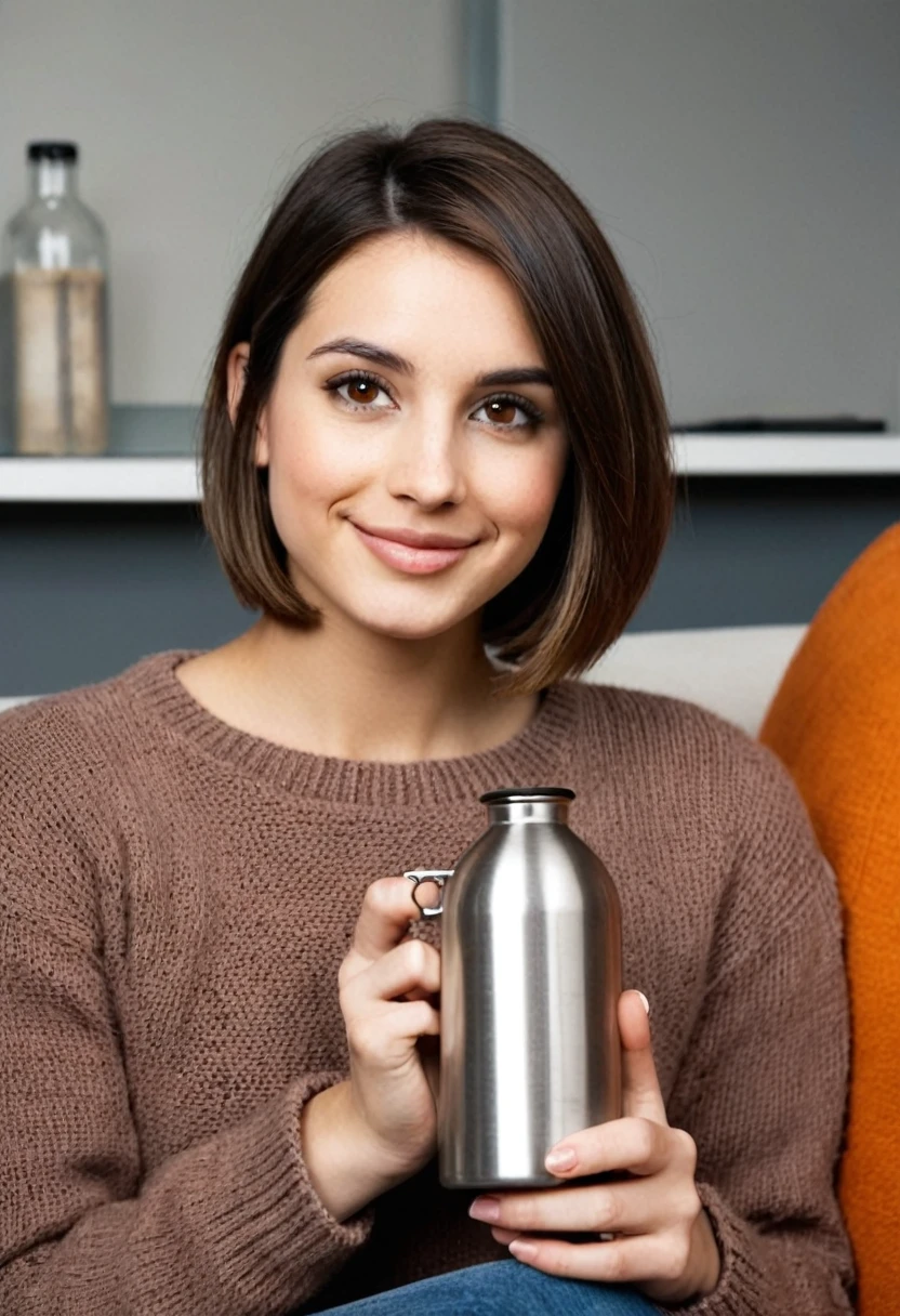 girl 30 years old, medium build brunette, high, Bob haircut, Hair straight. The face is oval, protruding cheekbones, narrow lips, big brown eyes , rounded chin, smiling. Dressed in jeans and a sweater, He holds a metal opaque flask in his hands..