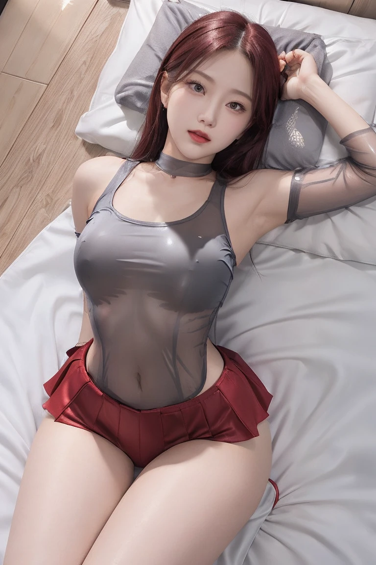 sfw, ((catsuit,transparent clothing)), ((lying on bed top view)),big breasts,naked,bare shoulders,bare stomach,thick legs,bare legs, Ultra high quality,8K,gal girl,Sexy and feminine, high and cold,Enchanting,The head proportions are perfect,Gray high ponytail,Wear a sweatshirt monogram print, Short red high-waisted skirt,Flaming red lips,Swan neck,chokers,sun is shining, wearing bra,((skinny waist)), young asian girl, ((big breasted)),