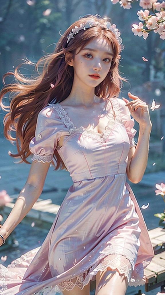 (CG unity 8k wallpaper extremely detailed) (better quality) (better lighting) (an extremely delicate and beautiful) (floating) (beautiful) (spring atmosphere) (1girl) (long pink hair), (hair headband), (detailed and beautiful blue eyes), ((very short white dress, pink lace underside), (lace), ((light transparent silk))), (cherry blossom petals), (butterflies), (dof), (volumetric light) cinematic lighting, chromatic aberration, Sony FE GM, textured skin, high details, highres, 8k