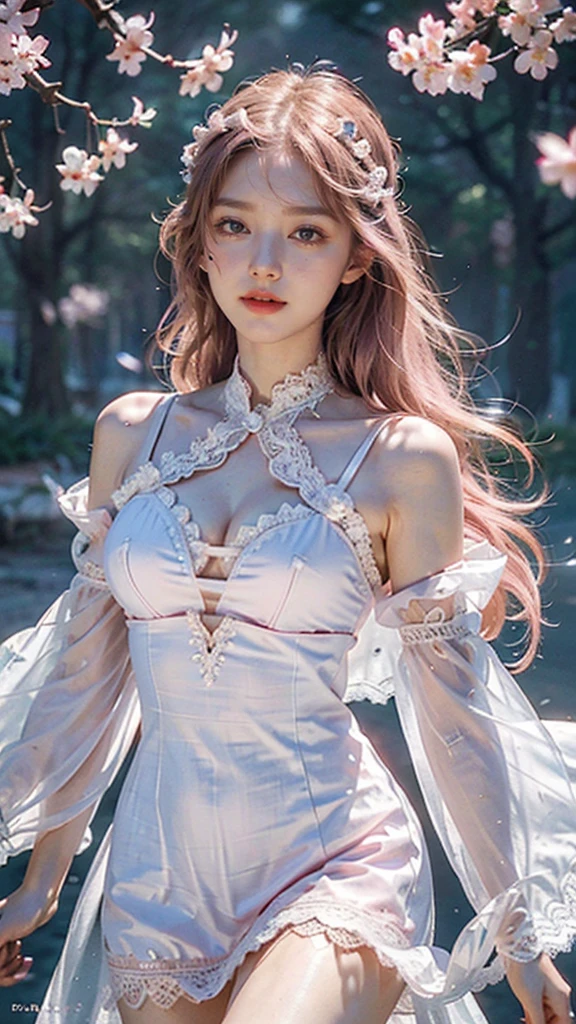 (CG unity 8k wallpaper extremely detailed) (better quality) (better lighting) (an extremely delicate and beautiful) (floating) (beautiful) (spring atmosphere) (1girl) (long pink hair), (hair headband), (detailed and beautiful blue eyes), ((very short white dress, pink lace underside), (lace), ((light transparent silk))), (cherry blossom petals), (butterflies), (dof), (volumetric light) cinematic lighting, chromatic aberration, Sony FE GM, textured skin, high details, highres, 8k