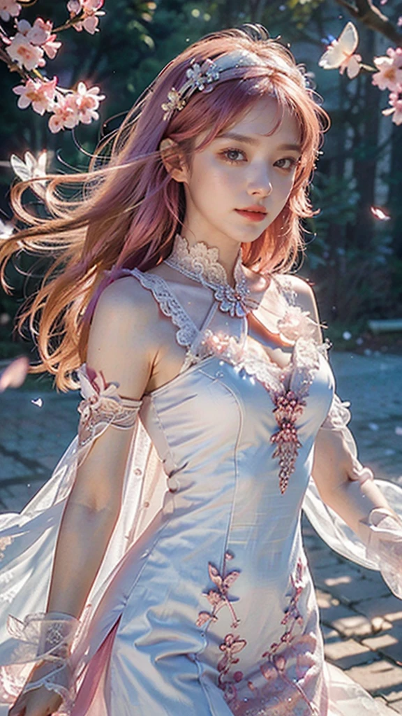 (CG unity 8k wallpaper extremely detailed) (better quality) (better lighting) (an extremely delicate and beautiful) (floating) (beautiful) (spring atmosphere) (1girl) (long pink hair), (hair headband), (detailed and beautiful blue eyes), ((very short white dress, pink lace underside), (lace), ((light transparent silk))), (cherry blossom petals), (butterflies), (dof), (volumetric light) cinematic lighting, chromatic aberration, Sony FE GM, textured skin, high details, highres, 8k