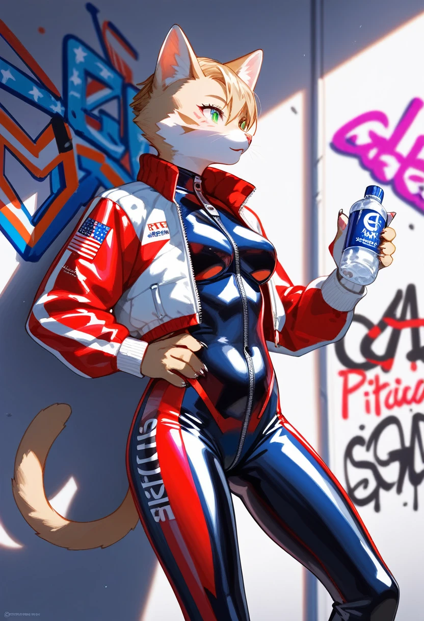 animation, Highest quality, Highest quality, High quality illustrations, masterpiece, Ultra-high resolution, Detailed Background, cyber cafe, Graffiti art on the wall, Absurd, Perfect Anatomy, performance, Good lighting, Shadows in the movies(kemono, Furry PersonifiCation), Cat, Blueskin, Red Rubber Suit, latex, neon, neonライト, neonカラー, Racing Suits, Cyber Suit, White Leather Half Jacket, cyber punk, Have a bottle